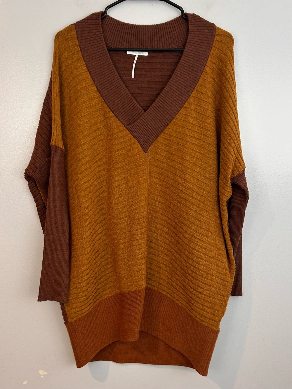 StitchDrop Brown/Yellow Ribbed Oversized Long Sleeve Tunic Sweater/Dress Small
